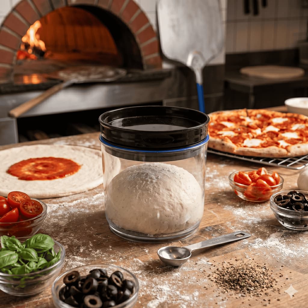 Pote Cristal Redondo 1L com Tampa Preta para Fermentação de Pizza Pão Artesanal Massas Hermético Organizador  Giotto