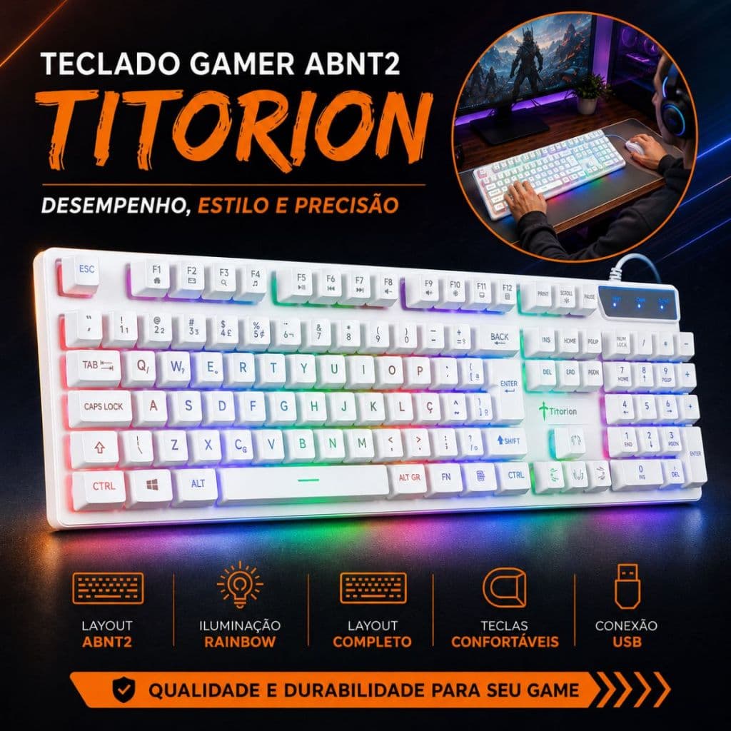 Teclado Gamer Semi Mecânico 100% com Fio Branco Abnt2 Usb Rgb Computador Videogame - Titorion TE001B
