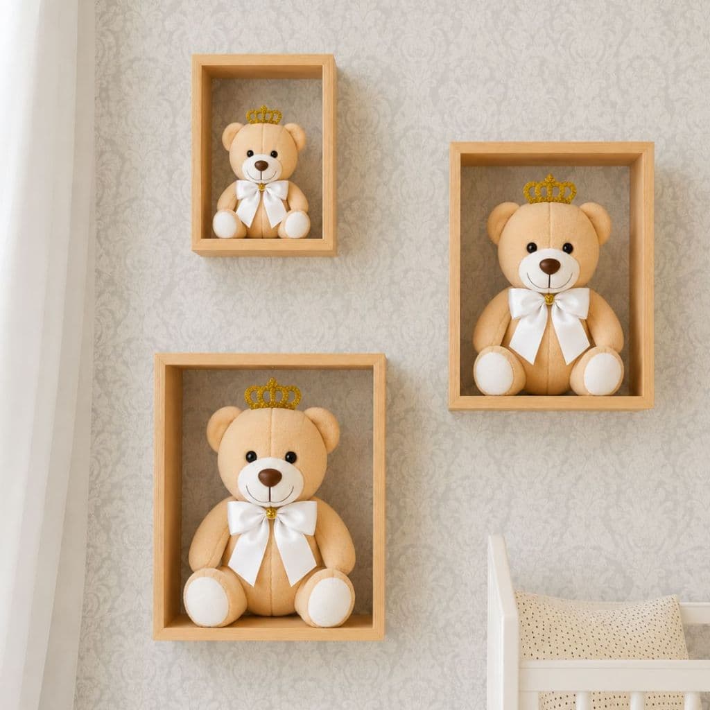 Trio de Urso de Pelúcia Articulado Para Nicho e Decoração Quarto de Bebê Presente