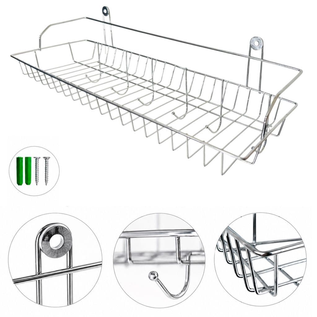 Kit 2 Prateleira Organizador de Parede Aço Inox com 6 Ganchos Multiuso Cozinha Banheiro Organizador de Parede Cromado