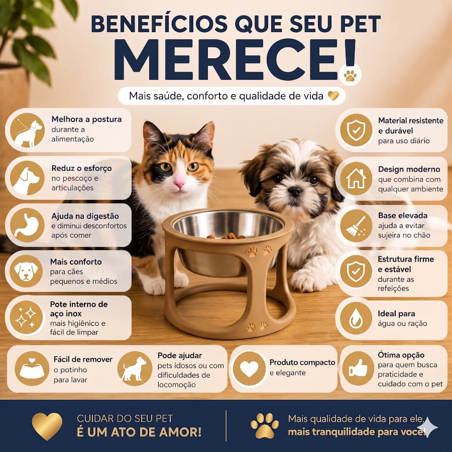 Comedouro Elevado Pet | Inox | Gato Cachorro | Bebedouro | Tigela | Ração Água Antivômito | Premium