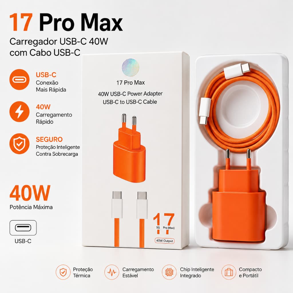 Carregador Turbo 40W USB-C com Cabo Tipo C 1M, Carregamento Rápido para iPhone 15/16, Android, Tablet e Fones