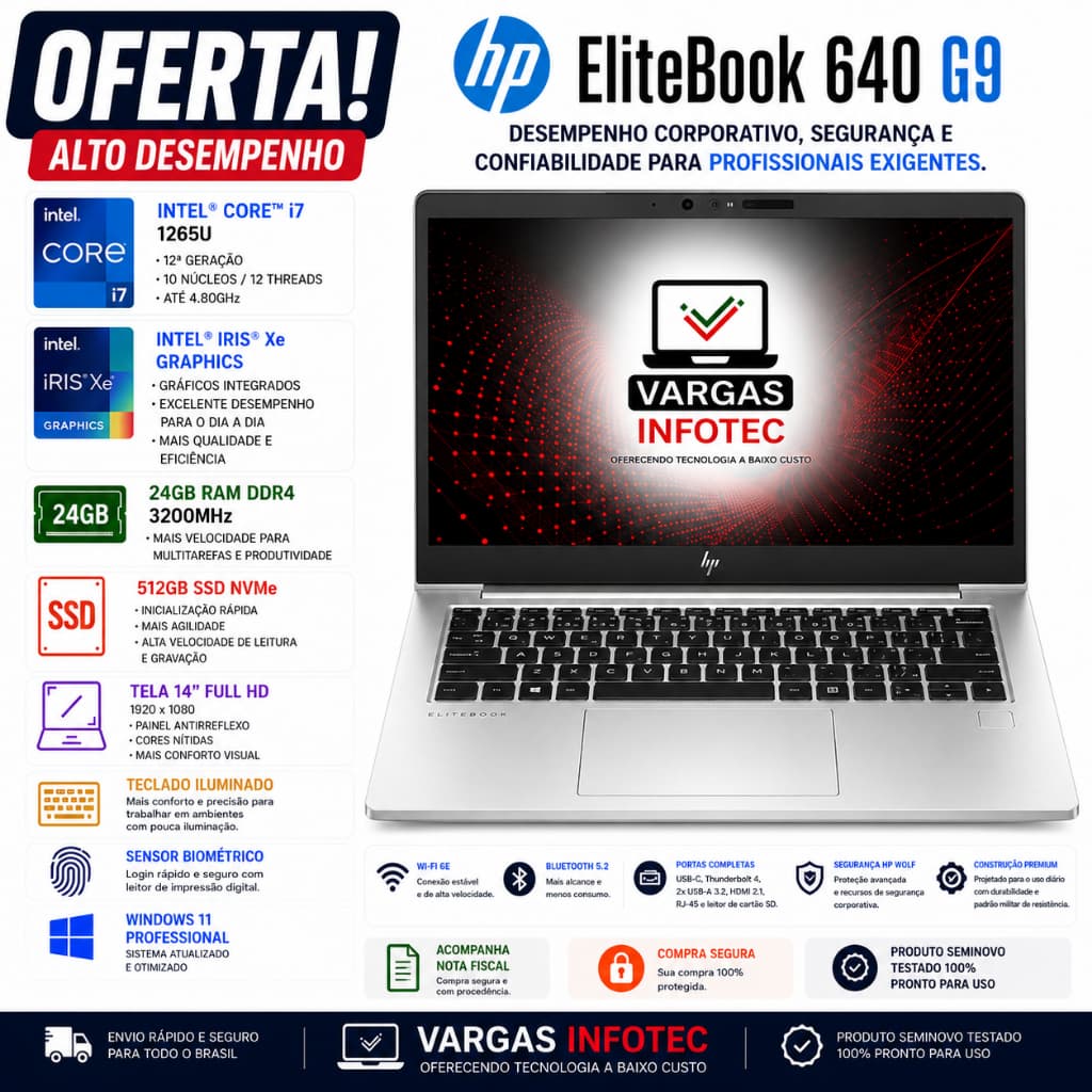 NOTEBOOK HP ELITEBOOK 640 G9 - I7 1265U / 24GB RAM / 512GB SSD M.2 NVME / 14" FHD / W11