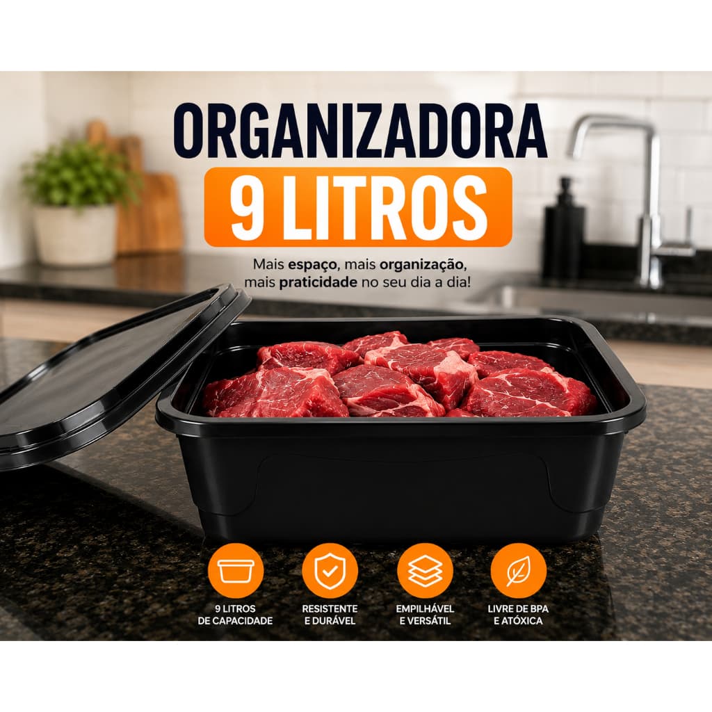 Organizadora, Bandejas, Potes Plásticas Retangular 9L com Tampa e trava  Multi Uso Frigorifera Organizadora Preta