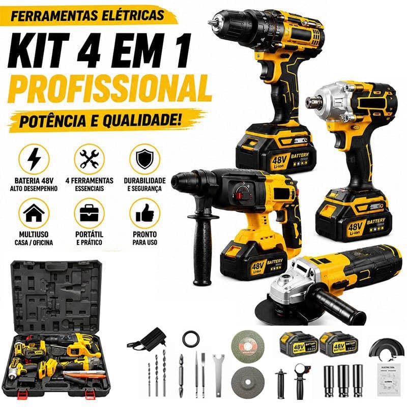 Conjunto de Ferramentas Elétricas 48V 4 Peças Profissionais Kit Completo para Construção, Reforma e Uso Industrial