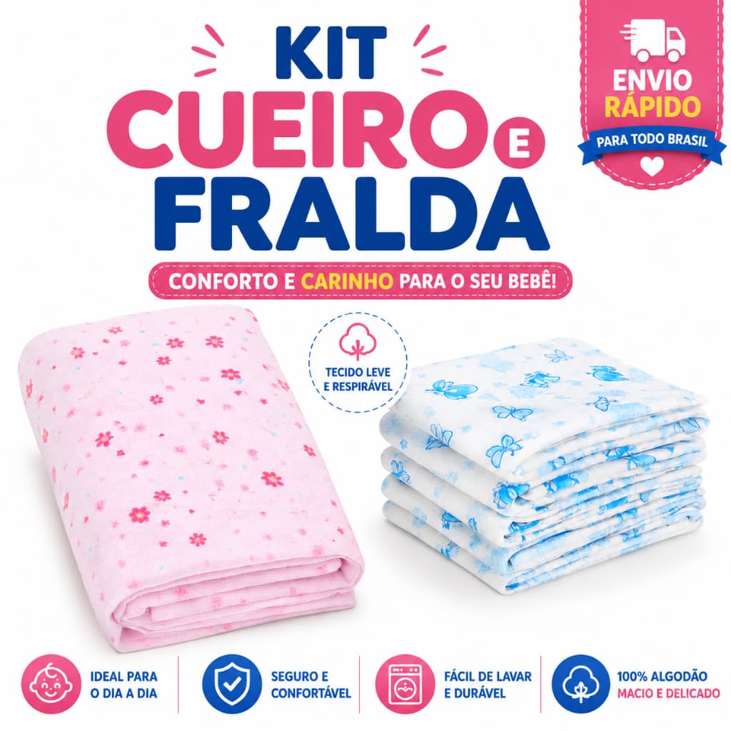 Kit 6 Cueiro e 10 Fralda de Pano 8 Peças 100% Algodão Enxoval Bebê Menino Menina Recém-Nascido