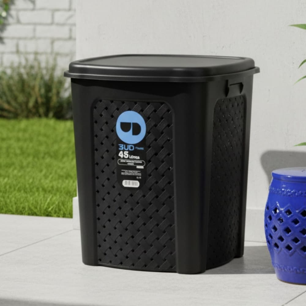 Cesto Para Roupa Suja Rattan 45L Com Tampa Organizador Lavanderia Banheiro Preto