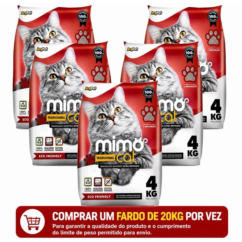 Areia Sanitária Higiênica 4x5kg Argila Natural para Gatos Grãos Médios Tradicional 20 kg Mimo