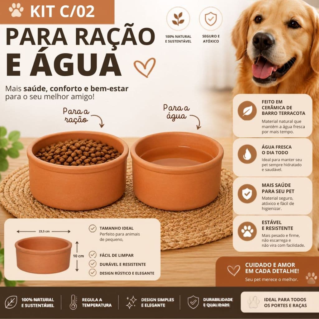 🐶 Kit com 2 Comedouros para Cachorro em Cerâmica Terracota Nº 2 – 2 Litros Cada | Potes para Ração e Água fresca