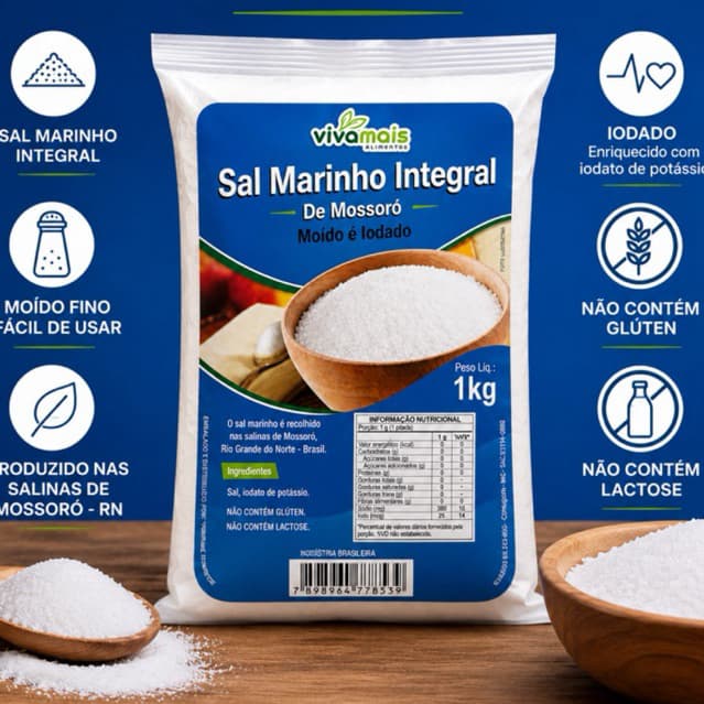 Sal Marinho Integral 1kg Mossoró Moído Iodado Natural