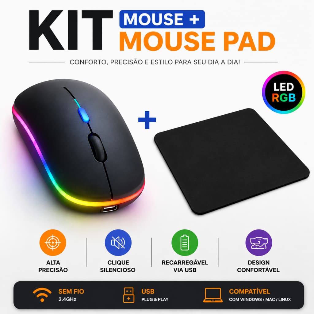 Kit Mouse Sem Fio Recarregavel Para Notebook Rgb + Mouse Pad