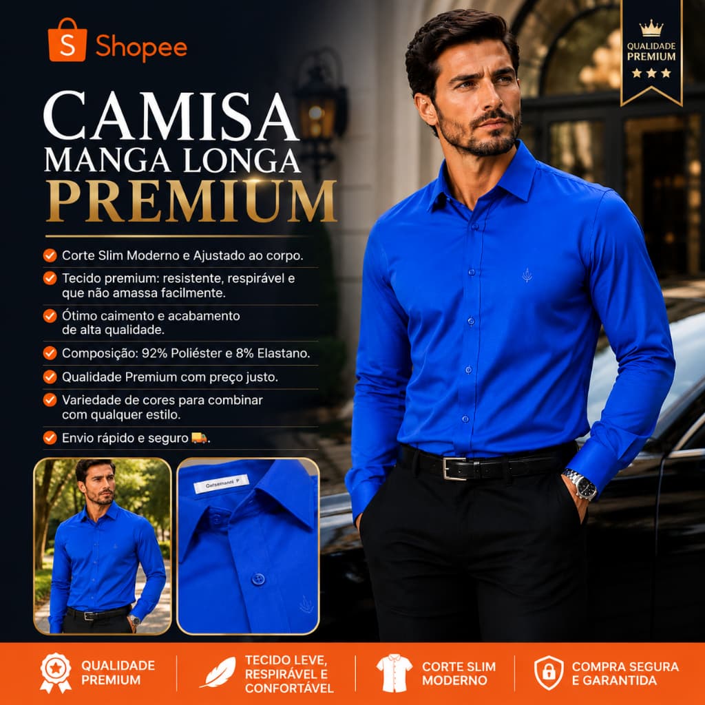 Camisa Social Slim Masculino Azul Royal Manga Longa Premium Casual Básica Lisa