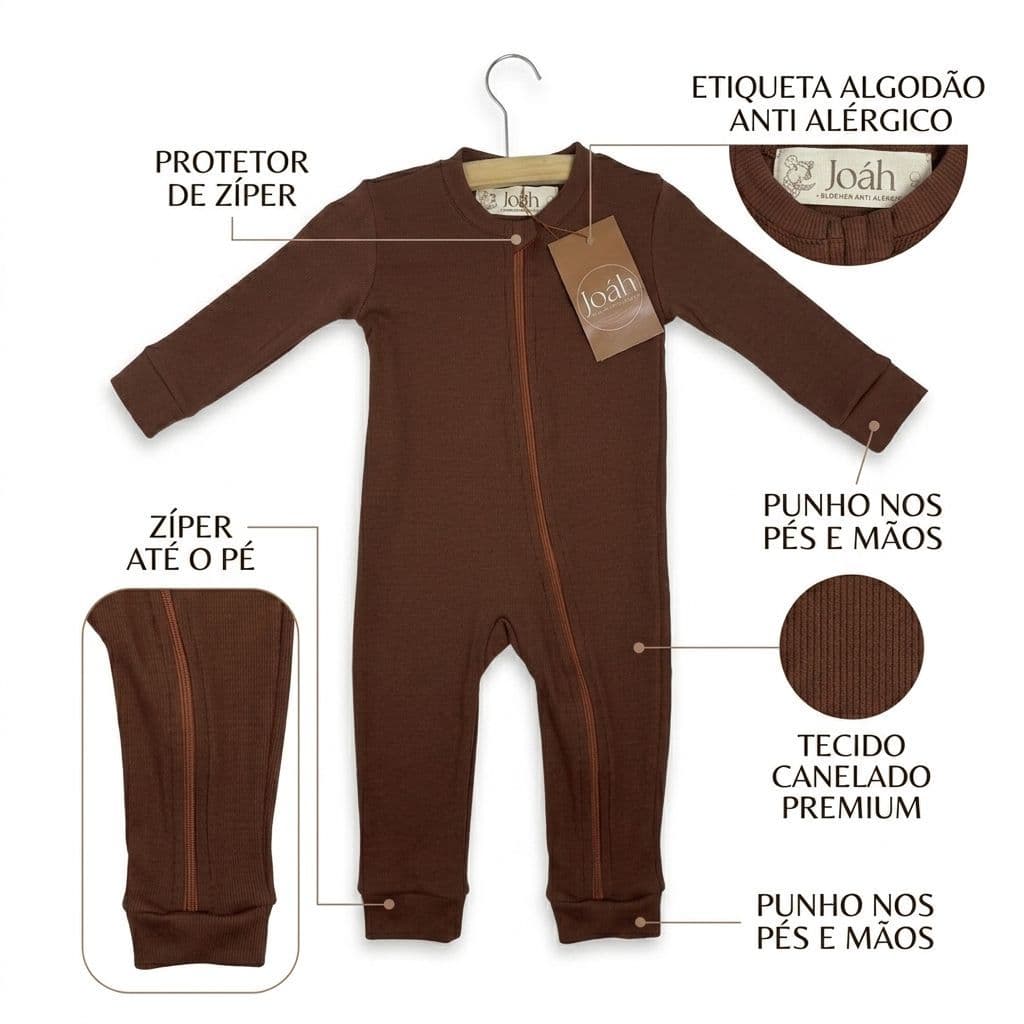 Macacão Bebê Canelado Zíper Algodão Punho Macio Antialérgico Menina Menino RN ao GG Minimalista