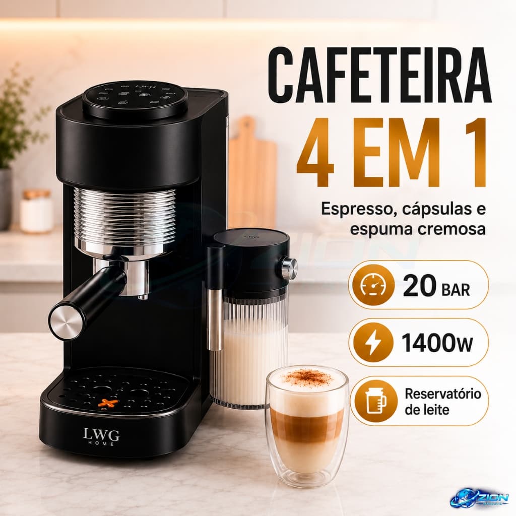 Cafeteira Expresso 4 Em 1 LWG Home 1400W 20 Bar Cápsula Café Moído Leite Cremoso 110W Preta