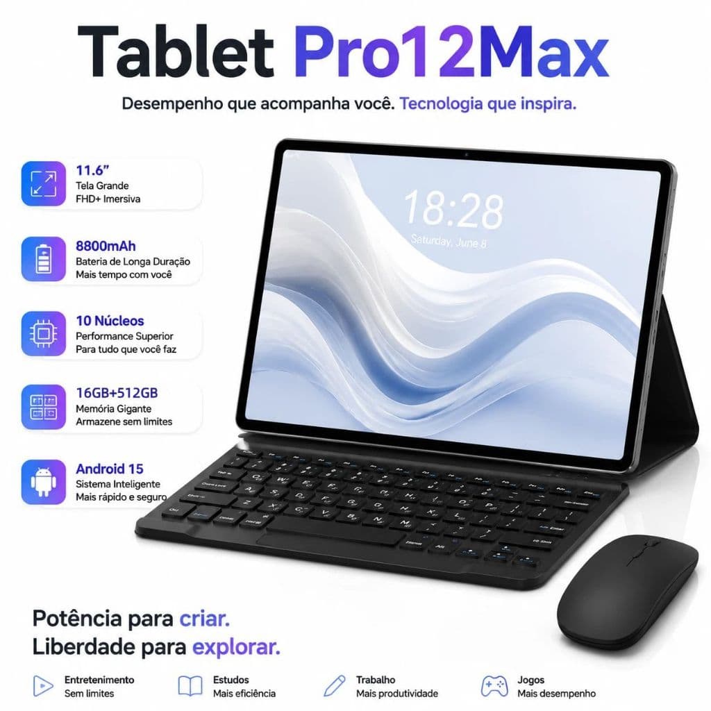 Tablet Pro12Max- 11.6" inch 16GB+512GB Android 15 8800mAh Ideal for studies and gaming - Combo with keyboard and Mouse