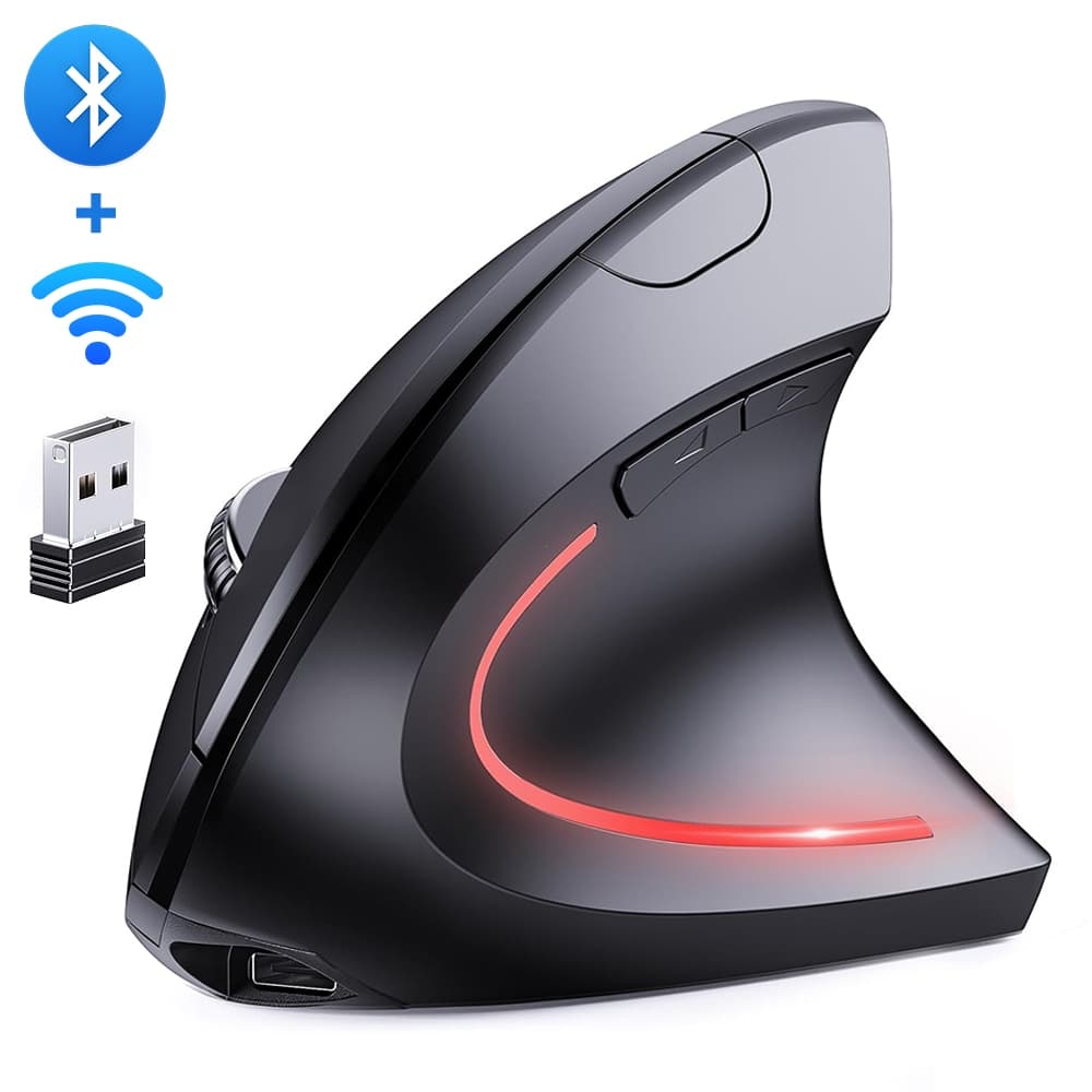 Mouse vertical sem fio, dual mode Bluetooth 2,4 GHz, recarregável, design ergonômico com LED.