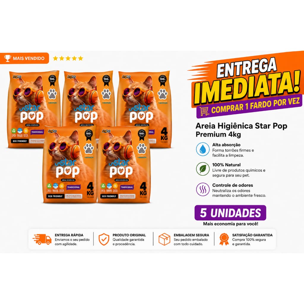 Star Pop Tradicional Areias Sanitária Gato Natural Argila Absorvente Ecológica (Antiodor)