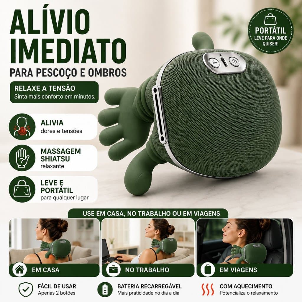 Massageador Pescoço Ombro Shiatsu Elétrico Portátil Alívio Dor Cervical Relaxamento Muscular