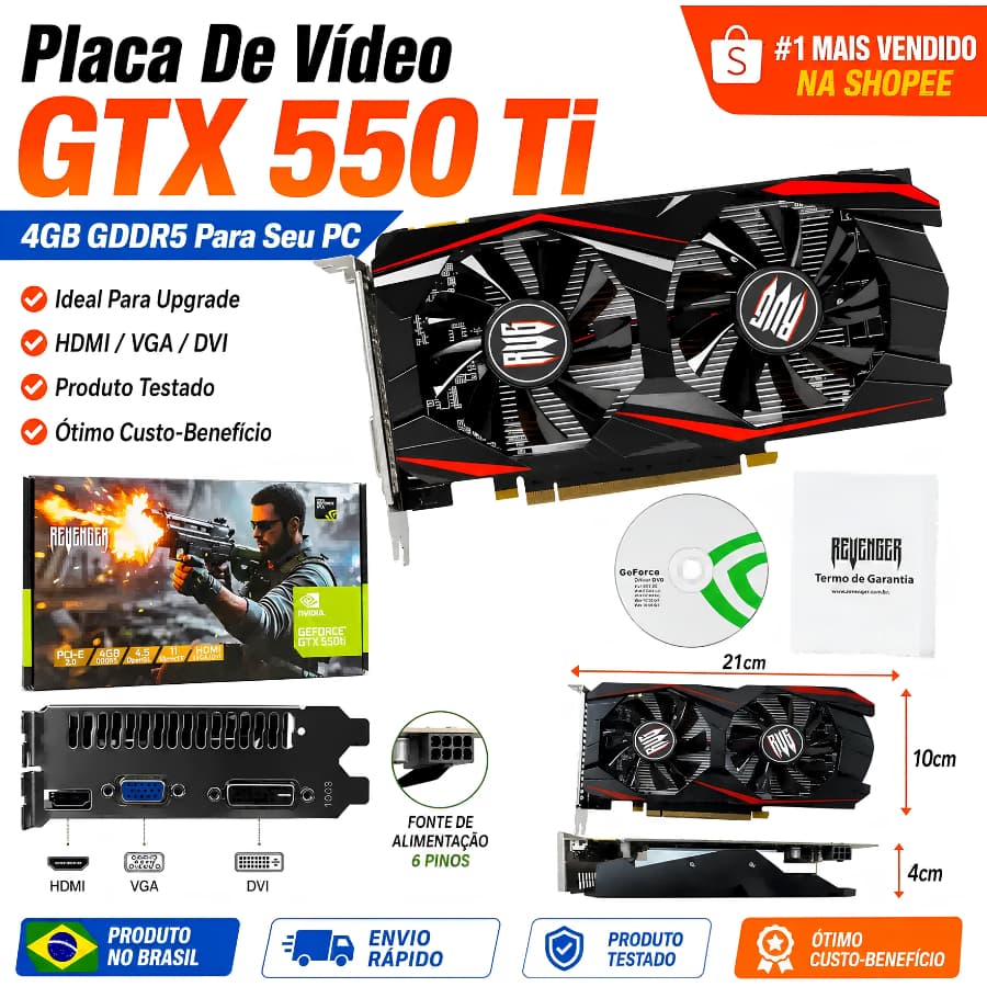 Placa De Video 4gb Gtx 550ti Ddr5 128 bit vga dvi hdmi Revenger Nvidia Nova Lacrado Para Computador Gabinete Dia a Dia