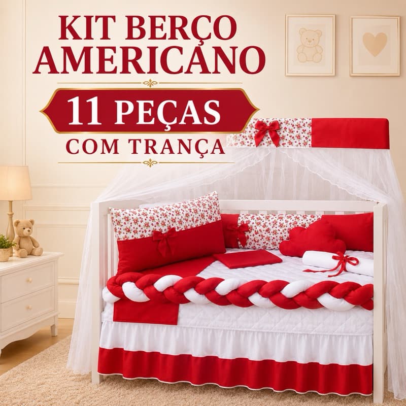 Kit Berço Americano 11 Peças com Trança Mosquiteiro Enxoval Bebê
