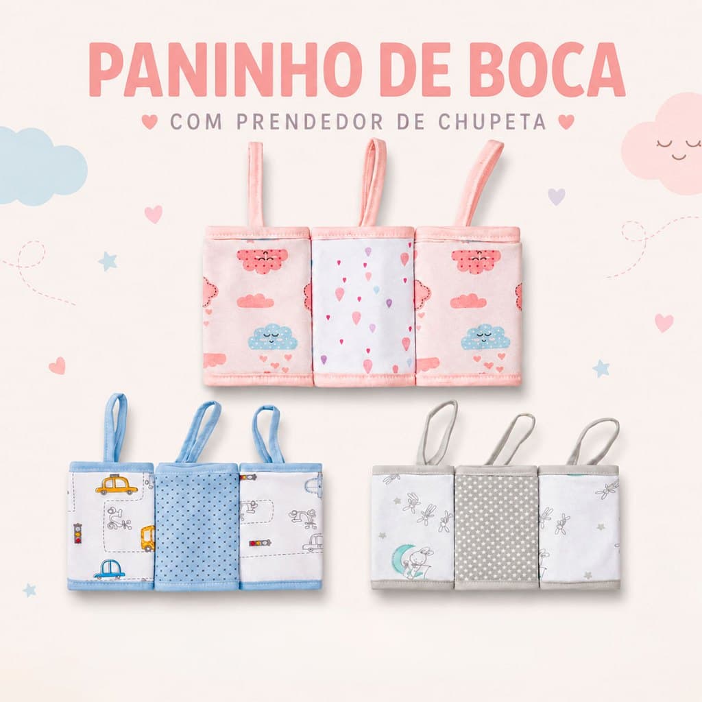 Paninho de Boca Prendedor de Chupeta Algodão Bebê Papi Malhas Tecido Macio