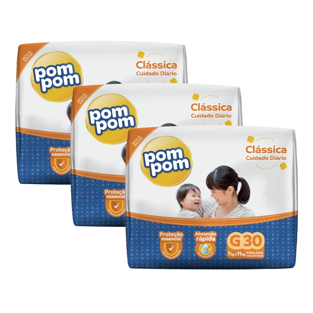 Kit com 3 Pacotes Fralda Descartável Infantil Pom Pom Clássica Cuidado Diário Mega