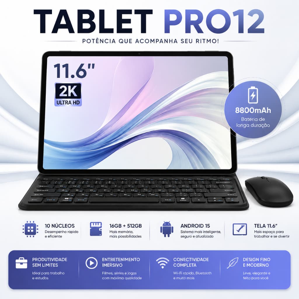 Pro12 Tablet - 11.6" inch, 16GB+512GB, Android 15, 8800mAh. Ideal for studies and gaming - Combo with keyboard and Mouse
