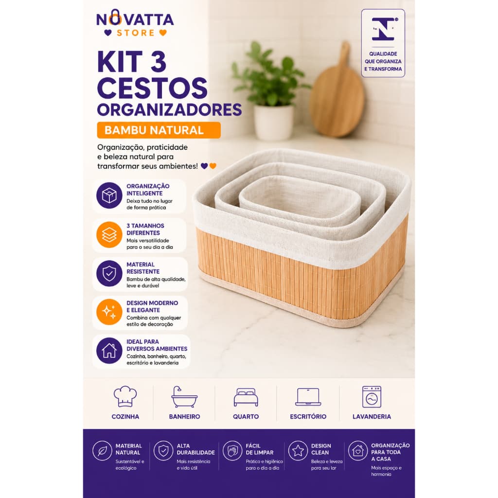 Kit 3 Cestos Organizadores de Bambu Caixa Organizadora Multiuso para Cozinha Banheiro