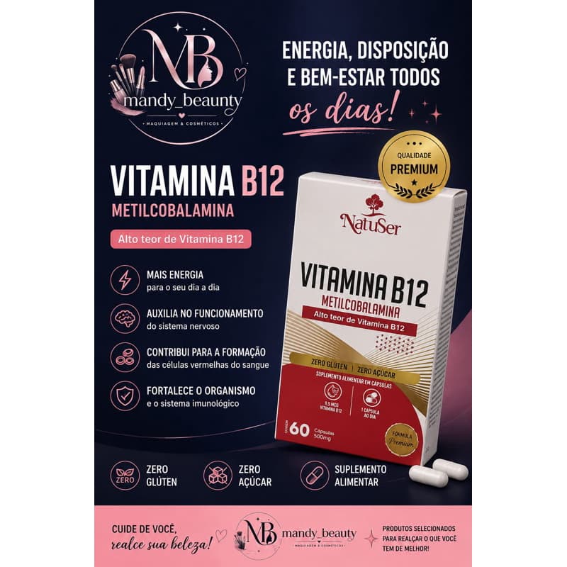 Vitamina B12 Metilcobalamina NatuSer 60 Cápsulas | Suplemento Alimentar | Alto Teor de Vitamina B12