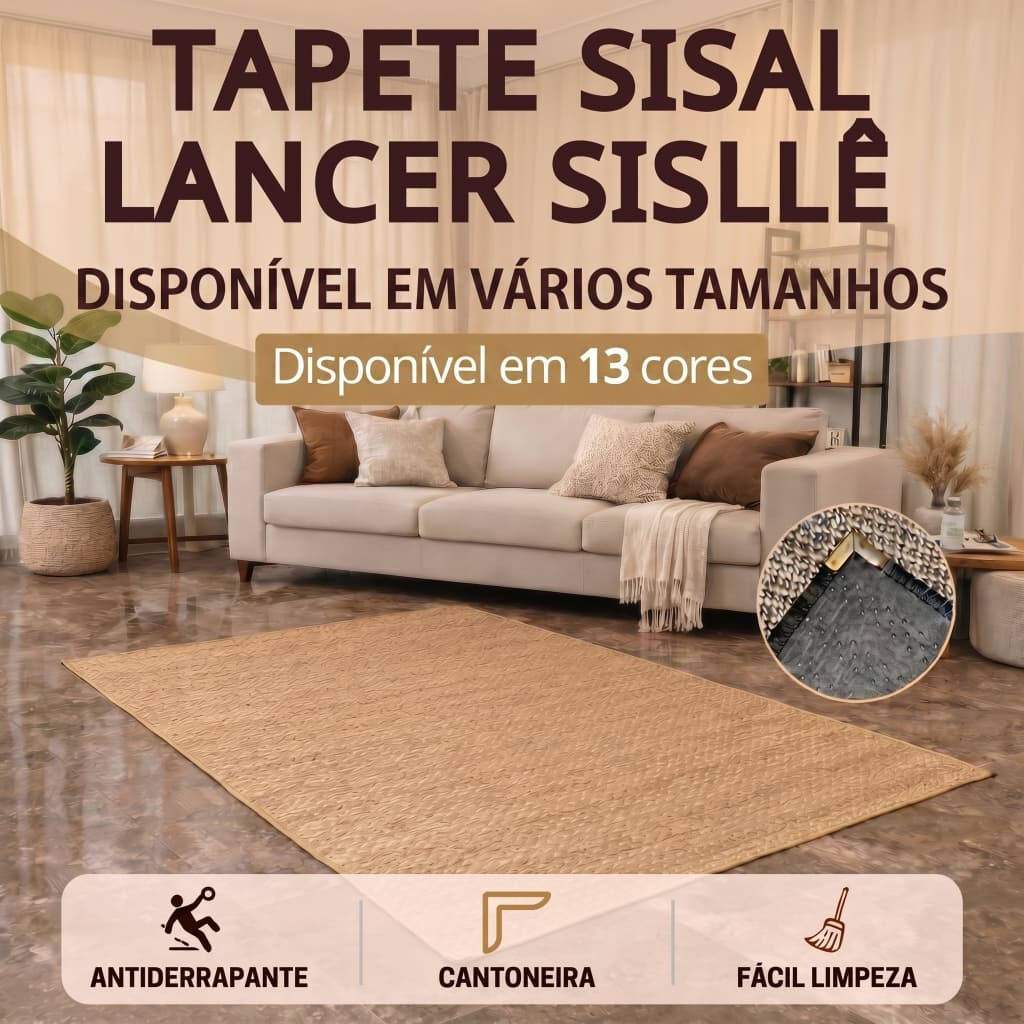 Tapete Sala Sisal Vários Tamanhos Lancer Sisllê Antiderrapante Cantoneira Aço Cromado Durável Quarto