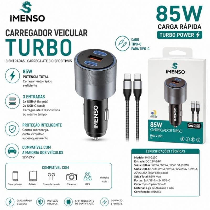 Carregador Veicular Turbo Triplo USB - IMENSO - IMS-215C 85W