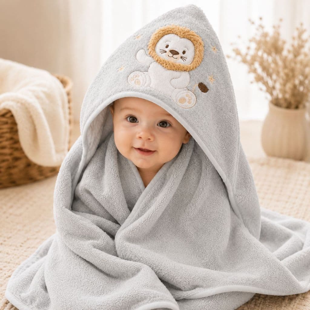 Toalha De Banho Bebe Recem Nascido Capuz Forrada Fralda Bordada Leão 68X80 Presente Enxoval