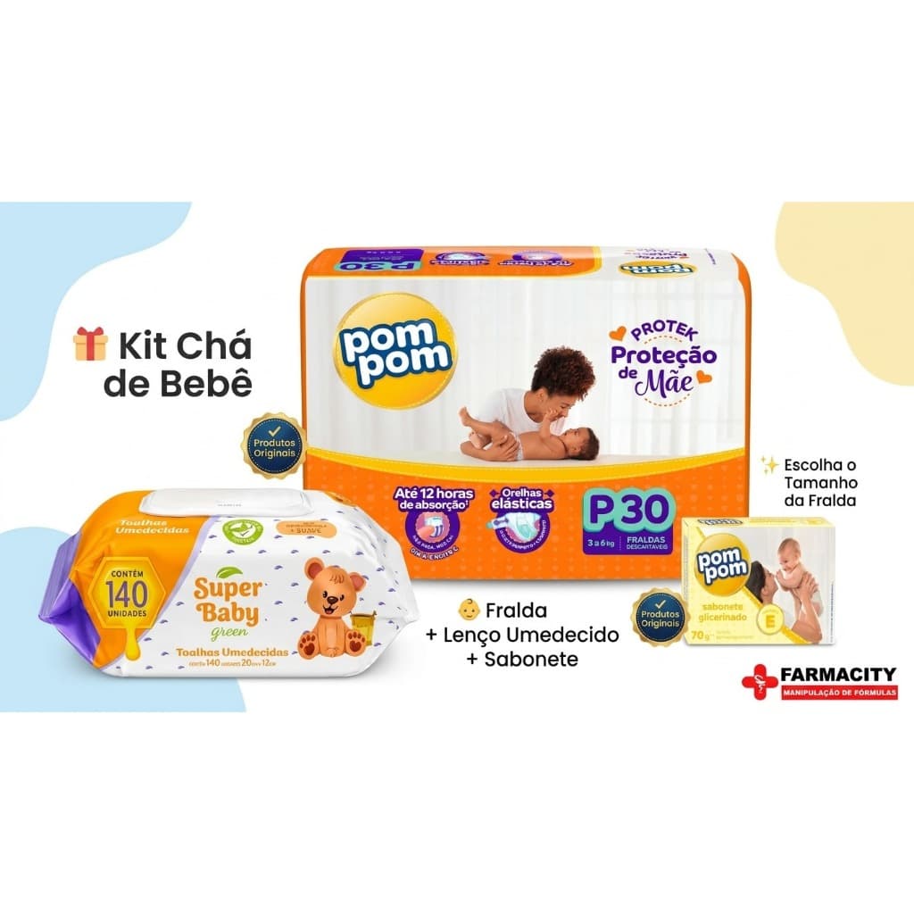 Kit Chá de Bebê Pom Pom Fralda + Lenço Umedecido + Sabonete Presente Maternidade