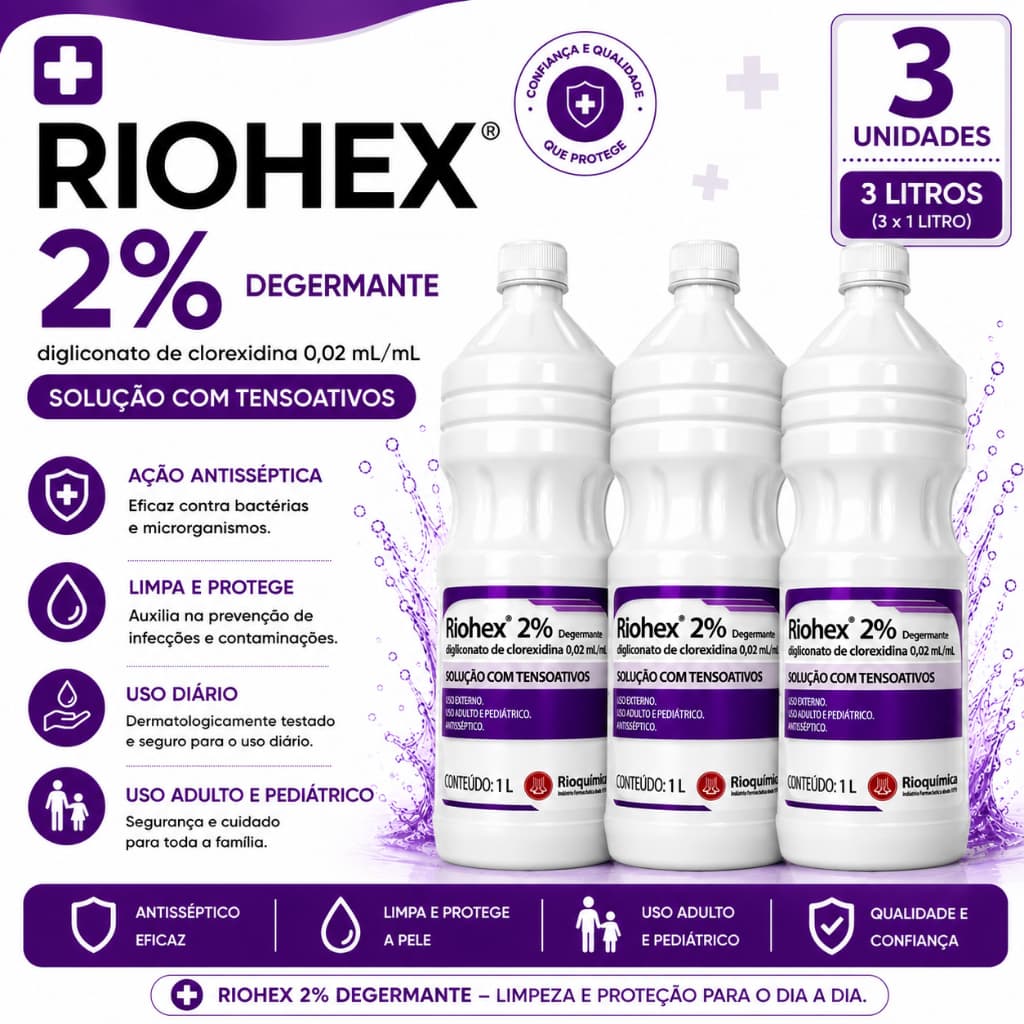 Clorexidina 2% Riohex Solução Degermante 1 L  C/ 3 Unidades - Rioquímica