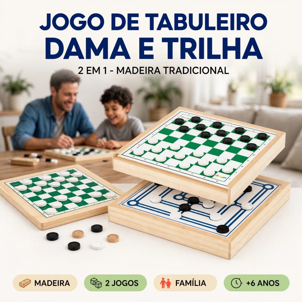 Jogo Dama e Trilha 2 em 1 Tabuleiro Madeira Tradicional Família