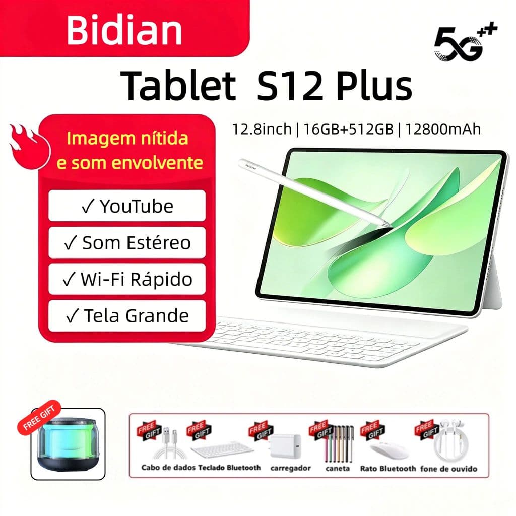 Tablet S12 Plus Tab 16GB+512GB 12.8-Inch Large Screen Android Dual SIM WiFi Keyboard Mouse Pen Bluetooth Cover FHD