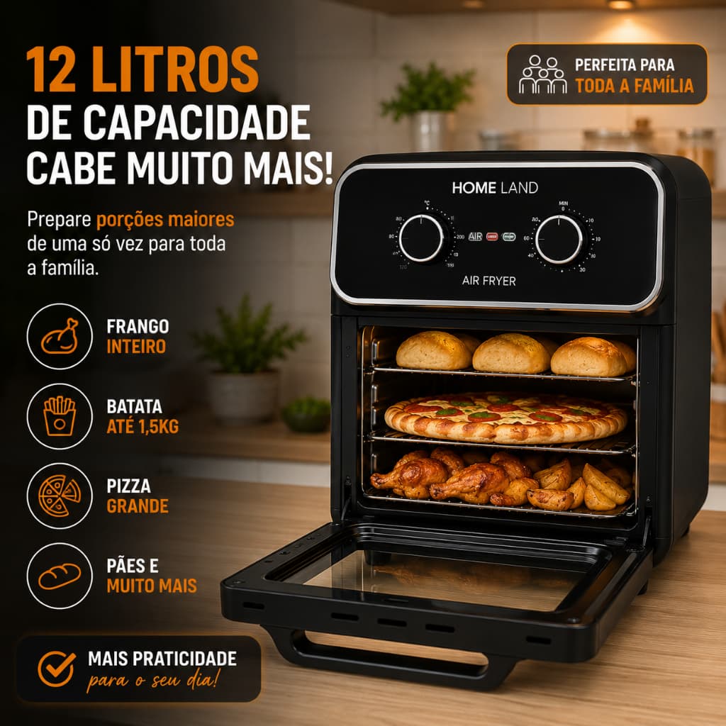 Fritadeira Air Fryer Forno Elétrico 12L Home Land 127V Grande Capacidade Sem Óleo Multifuncional