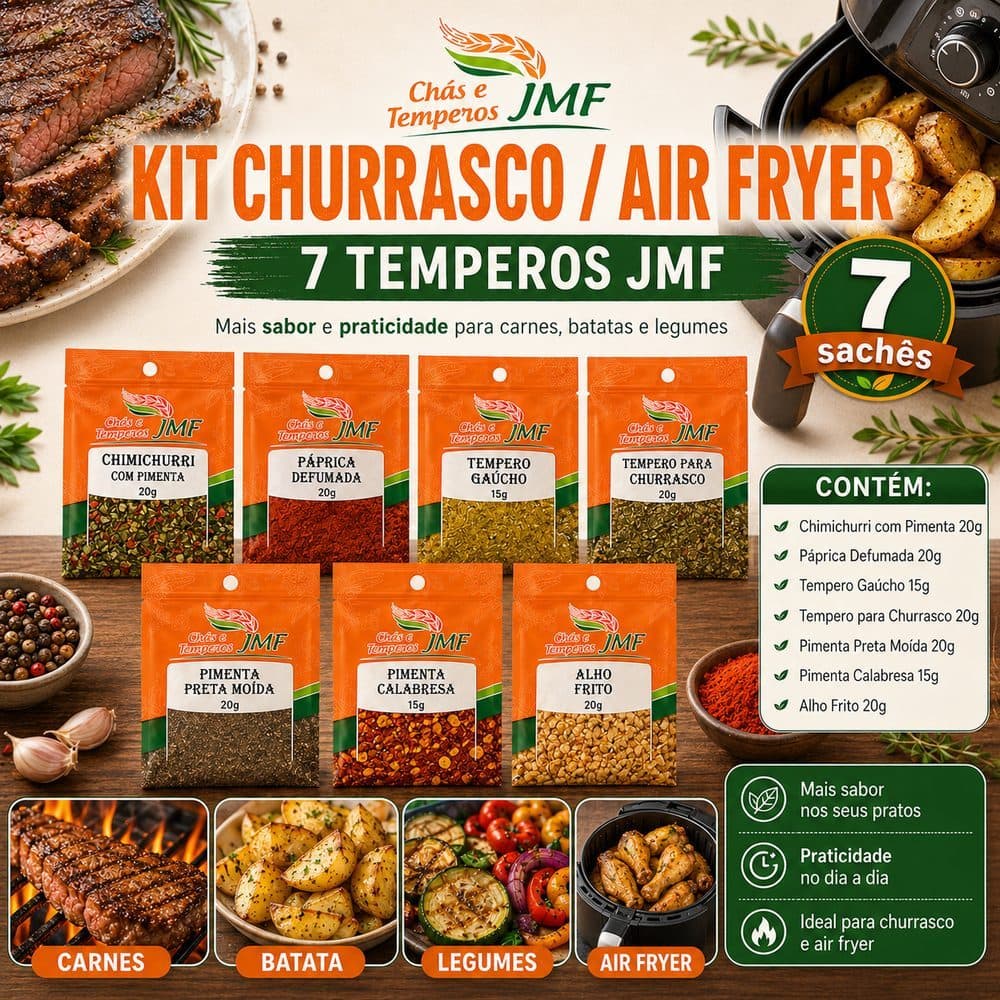 Kit 7 Temperos para Churrasco e Air Fryer – Carnes, Batatas, Frango e Legumes