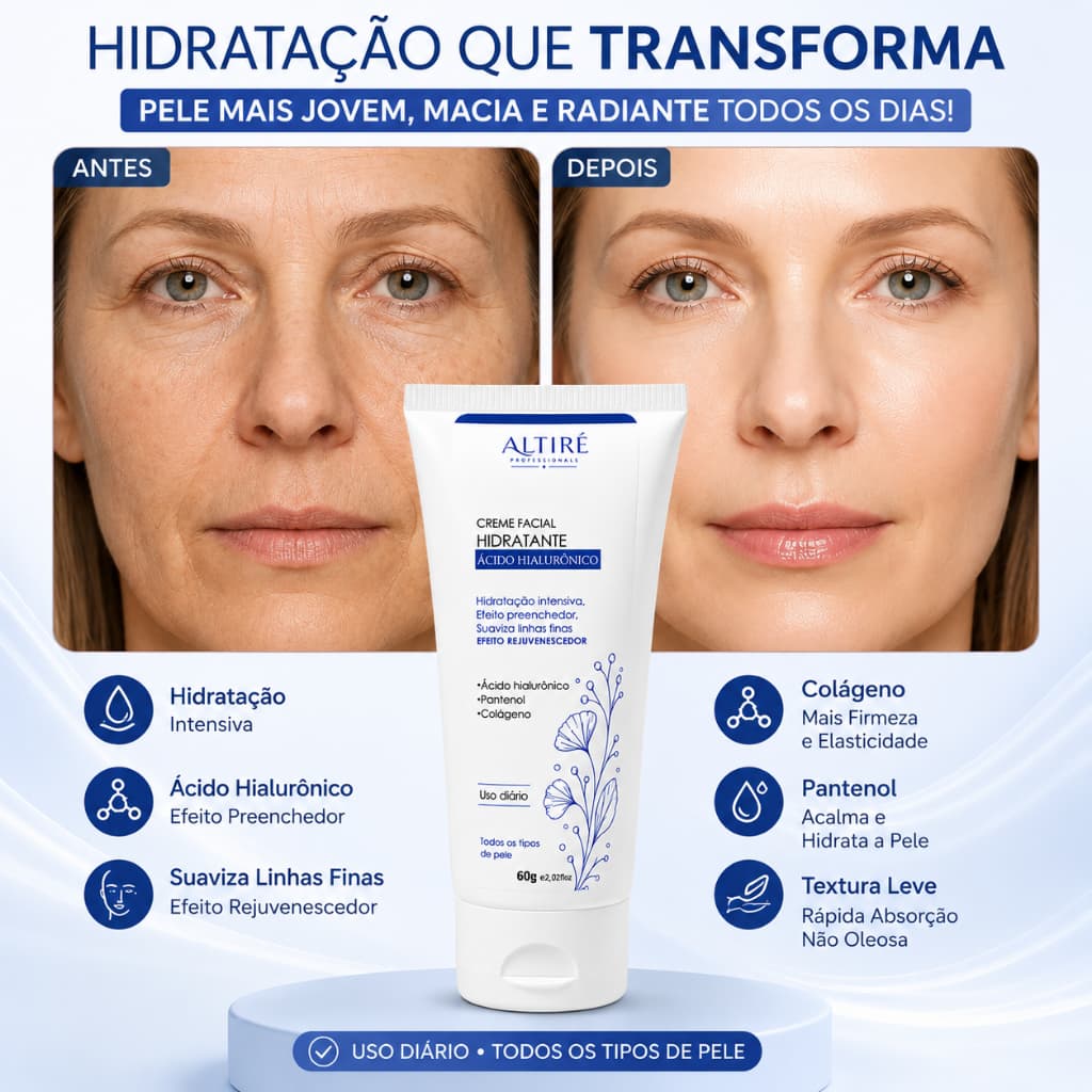 Creme Facial Ácido Hialurônico Altiré 60g Hidratante Facial Colágeno Pantenol Original Anti-idade