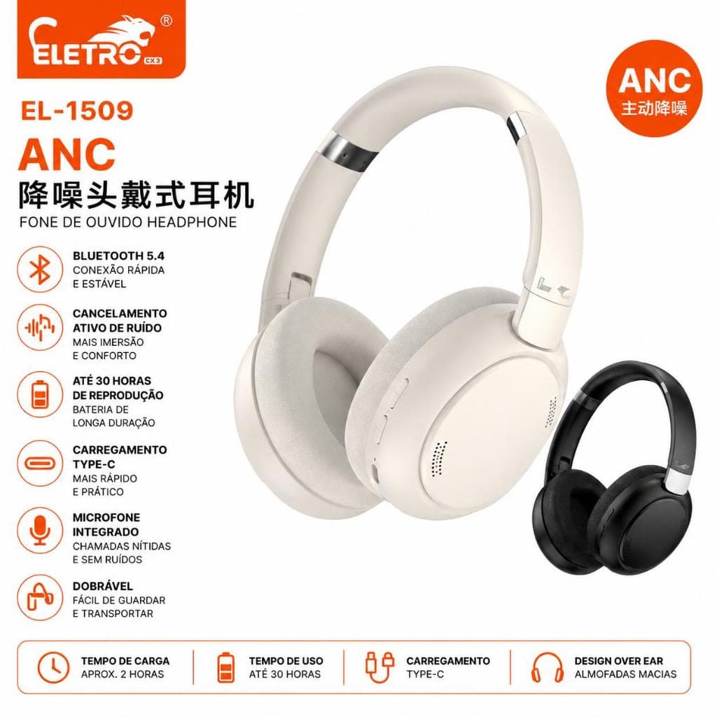 Fone Bluetooth Headphone ANC Sem Fio Dobrável Bluetooth 5.3 Microfone Recarregável USB C Até 30 Horas de Uso