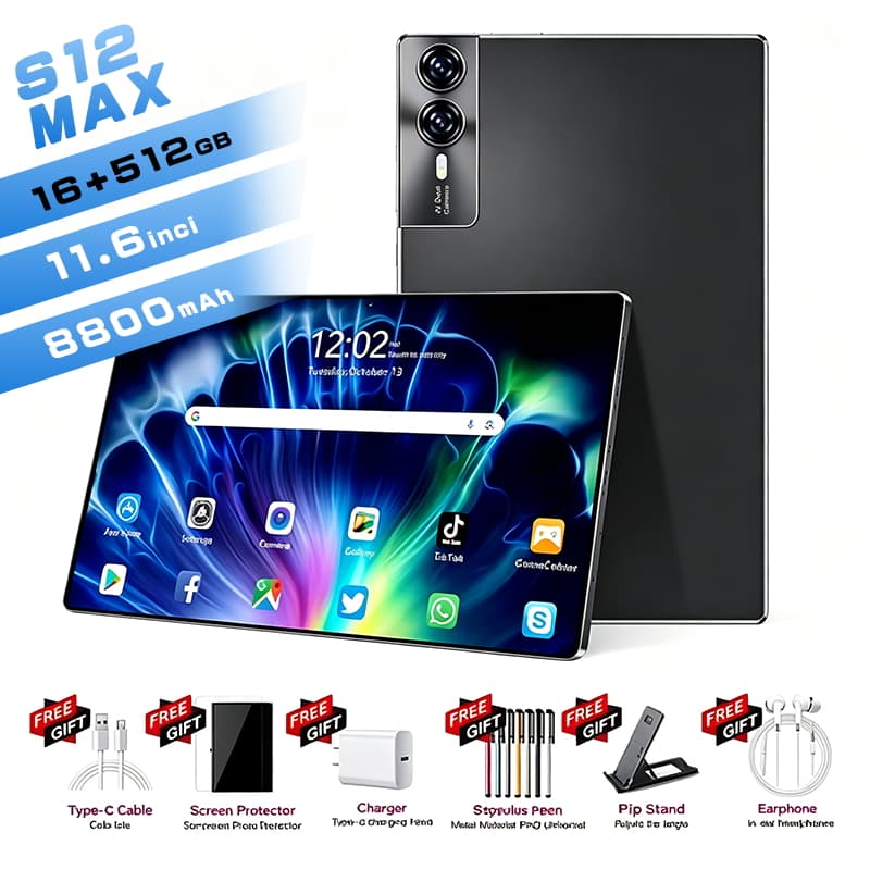 【Free Keyboard and mouse】S12 Max Tablet 11.6 Inch HD 16GB+512GB Android 5G, Wi-Fi, Bluetooth 8800mAh