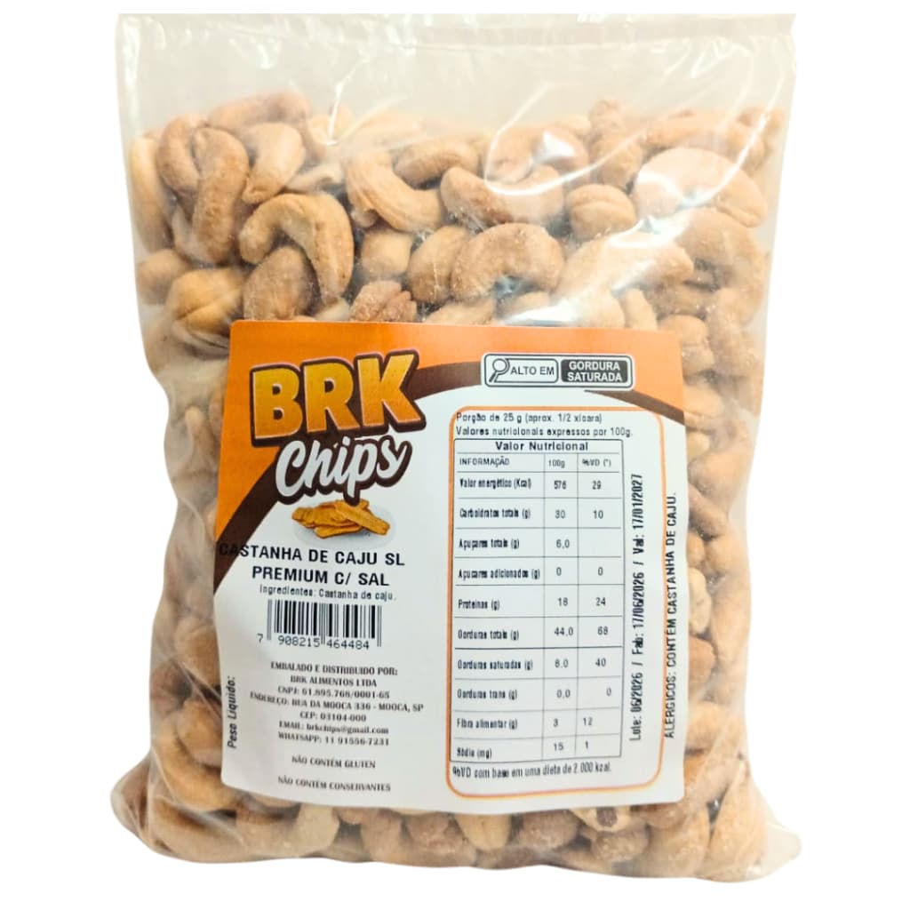 Castanha de Caju Premium Torrada SLW 250g 500g 1kg | Snack Saudável Natural | BRK Chips