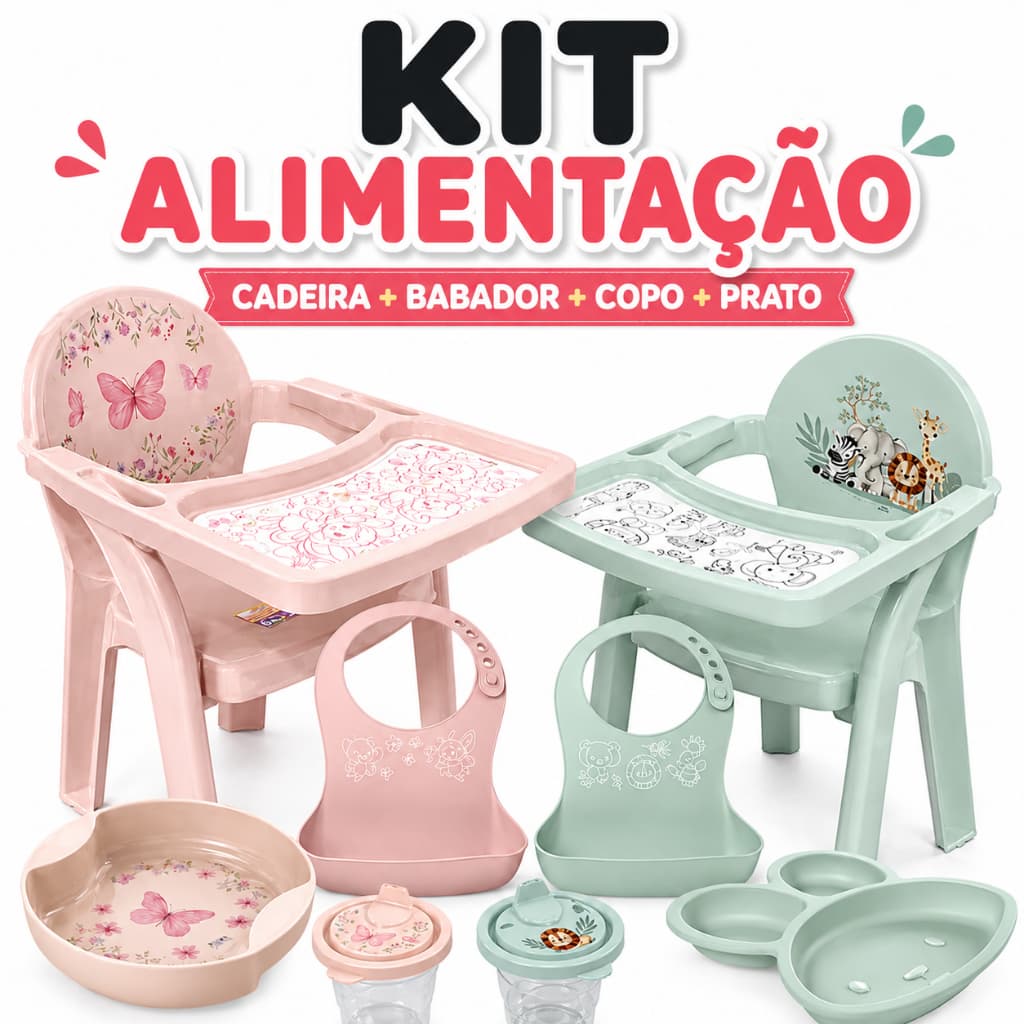 Kit Refeição Bebê Completo Cadeira Infantil + Babador + Copo + Prato Alimentação