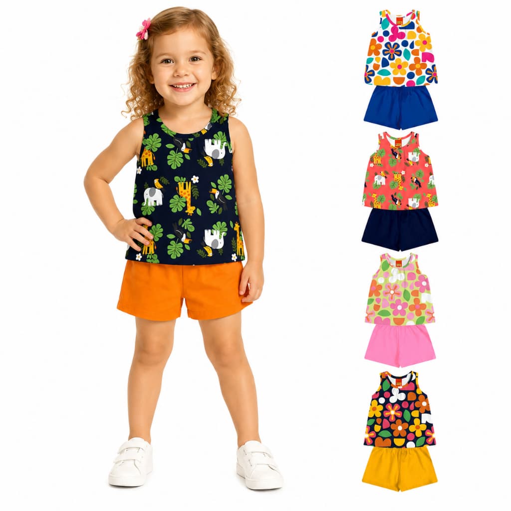 Conjunto Infantil Menina Kyly Verão Blusa Regata Estampada Shorts Moletom Liso Leve Moderno 1001776