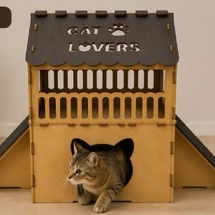 Casinha Gato MDF 2 Andares Rampa Arranhador Sisal Brinquedo Casinha Felino Grande Pet Desmontável