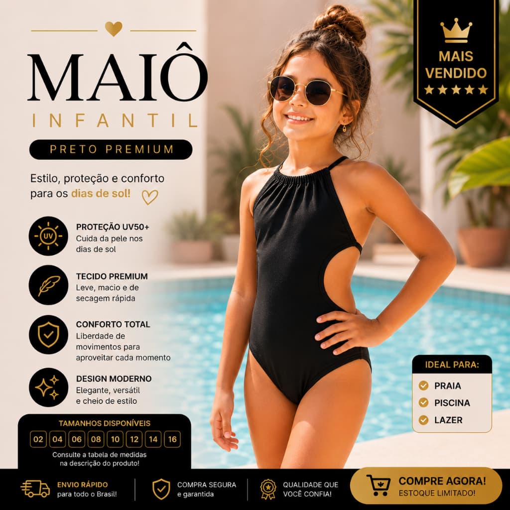 Maiô Biquíni Infantil Bebê Menina Juvenil Feminino Frente Única Moda Praia Natação Liso Suplex Premium Proteção UV50+