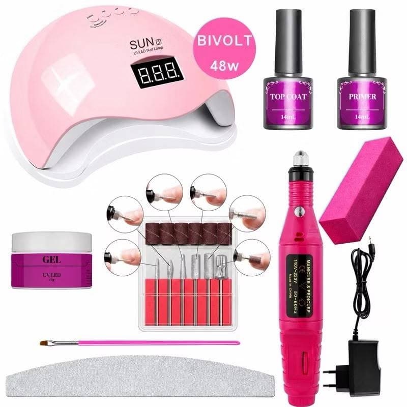 kit de Unha em Gel Completo Iniciante Manicure Alongamento Unhas Cabine Profissional Lixadeira Caneta Elétrica Lixa Moto