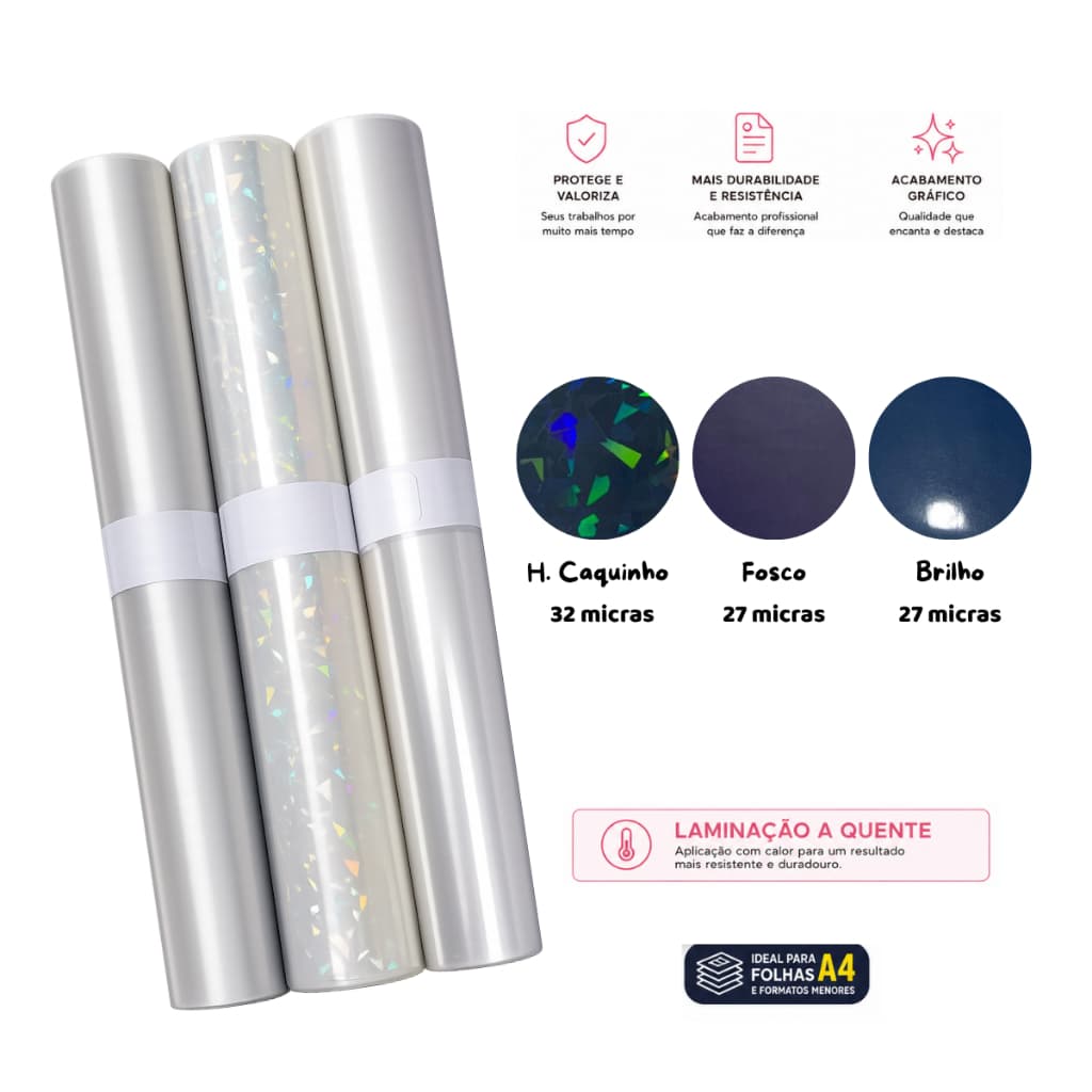 Kit Filme BOPP  21,5cm x 12m Holográfico + Brilho + Fosco para Laminação A4 Encadernação Planner