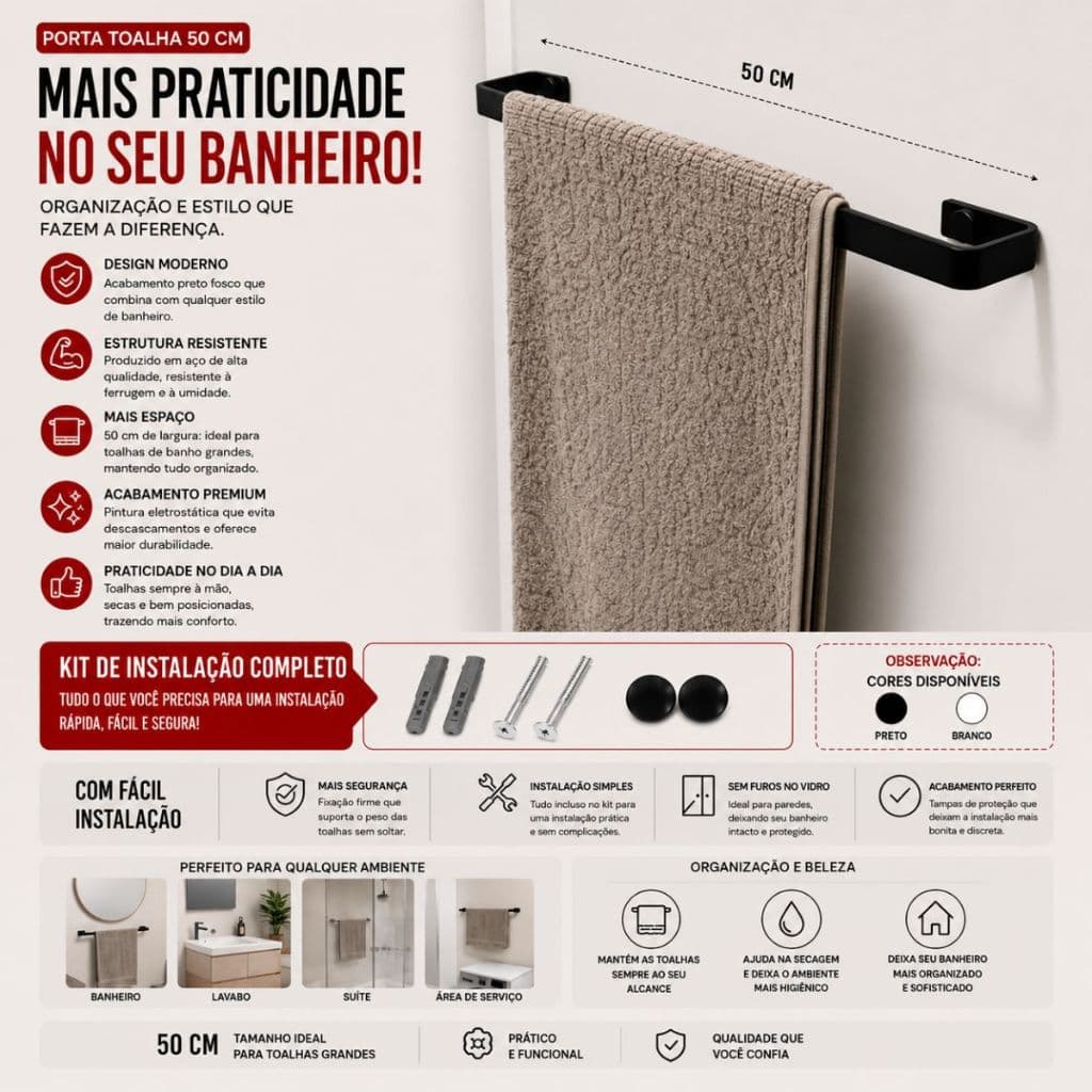 Suporte Para Toalha De Banho Supremo 50cm Aço Preto Branco Eletrostática Epóxi Design Moderno Praticidade Durabilidade