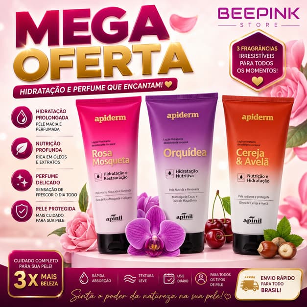Kit c/3un Hidratantes Rosa Mosqueta/Orquídea/Cereja e Avelã 190g - Apinil